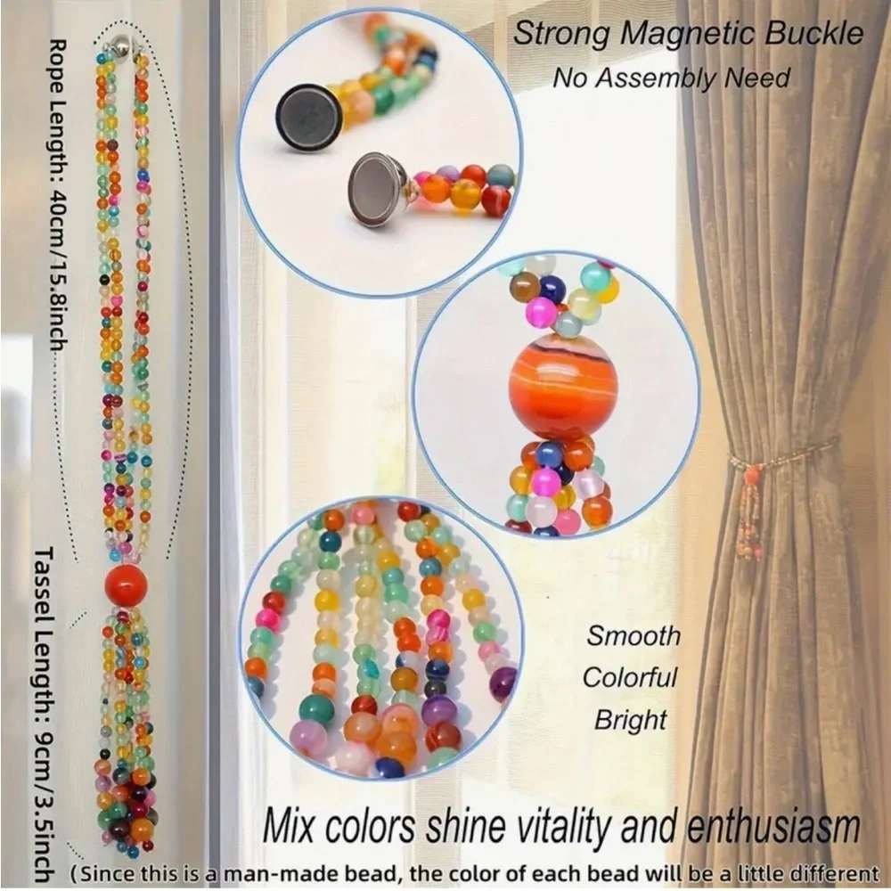Multicolor Beaded Tassel Curtain Tie-Back w Magnetic Closure